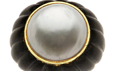 Mabe Pearl, Black Onyx, Gold Ring Stones: Carved black...