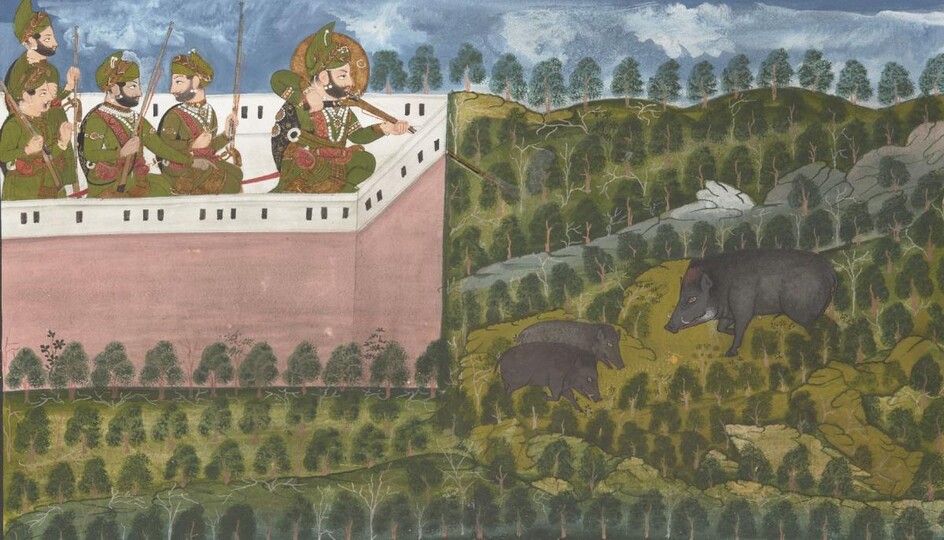 Maharaja Jawan Singh and Sardar Singh hunting wild boar with attendants, Mewar, Rajasthan, North India, early 19th century, opaque pigments on paper heightened with gilt, the hunting party depicted on the rooftop of a hunting fort, within red...