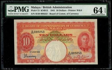 Malaya: Board of Commissioners of Currency, $10, 1.7.1941, serial number H/29 089253, (Pick 13)...