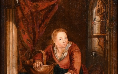 Manière de Willem van Mieris (1662-1747) Hollandais. Une dame à la fenêtre, Huile sur panneau,...