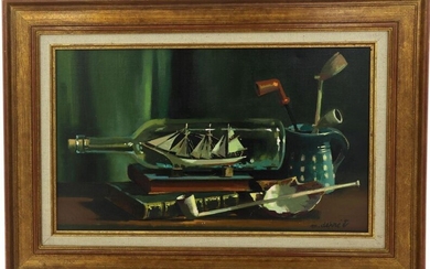 Marcel DEPRE (1919-1990) "Still life with ship in bottle", oil on canvas, signed lower right, 33 x 55 cm