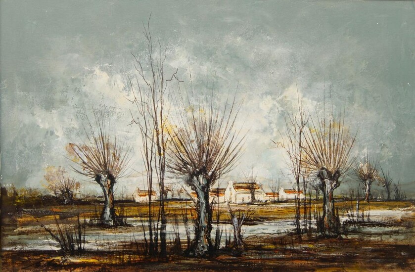 Maurits Schelk, Belgian 1906-1978- Winter landscape with a flooded fields and pollarded trees and cottages; oil on canvas, signed, 60.7 x 92cm (ARR)