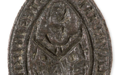 Medieval Seal Matrix.- Seal matrix inscribed "Pro Me Lavren Pe Tost Es Id Hom Habti", legend surrounding an image of St Lawrence holding a Gospel book in his right hand and a grid iron in his left, bronze seal matrix, [14th century].