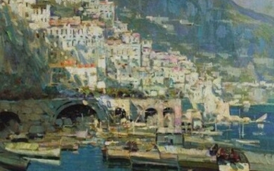 Mid 20th century Italian School oil on canvas - The Amalfi Coast, indistinctly signed, in gilt frame, 70cm x 51cm