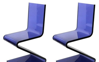Modern Blue Lucite Cantilever "Z" Chairs, Pair