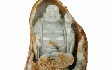 Modern Chinese Carved Jade Buddha w/ Ruyi Scepter