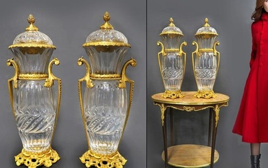 Monumental Pair of French Bronze/Baccarat Crystal Vases