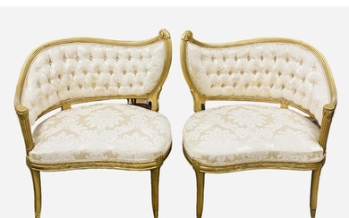 Most Unusual Pair of Gilt Newly Upholstered Left & Right Cha...