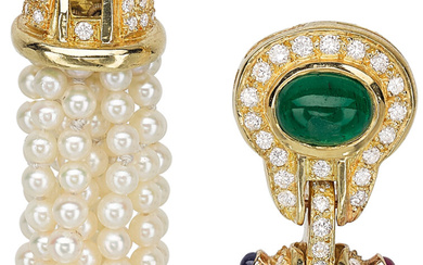 Multi-Stone, Diamond, Cultured Pearl, Gold Earrings Stones: Full-cut diamonds...