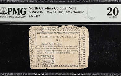 NC-191c. North Carolina. May 10, 1780. $25. PMG Very Fine 20.