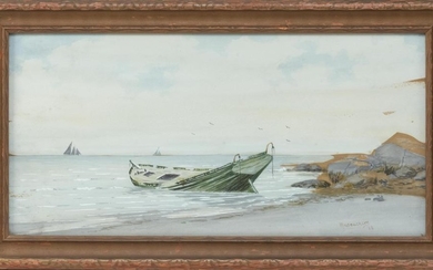 NEIL MACEACHERN, Maine, Early 20th Century, Beached boat., Watercolor on paper, 10" x 20". Framed 13" x 23".