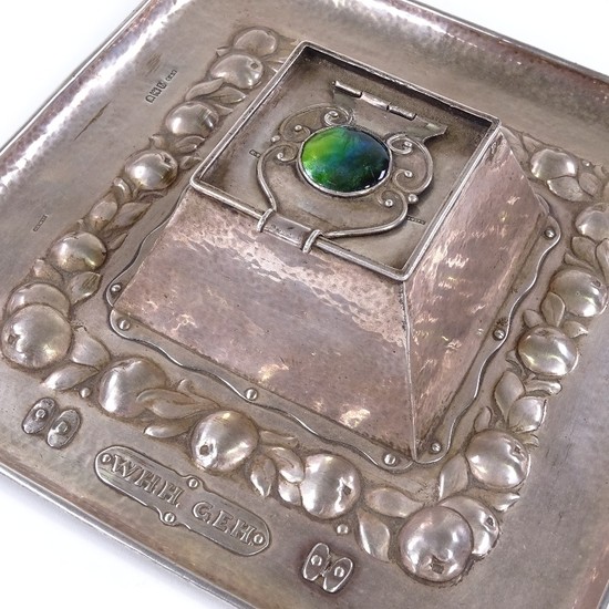 NEWLYN - a rare George V silver and enamel square inkwell de...