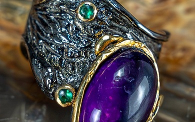 Natural Amethyst & Emerald Cabochon Vintage Ring 45.9ct- 9.18 g