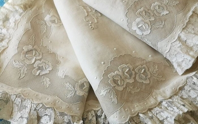 Old pure linen bed set with lace and large hand embroidery (2) - Linen, Valenciennes lace. I will filter and embroider by hand. - Early 19th century