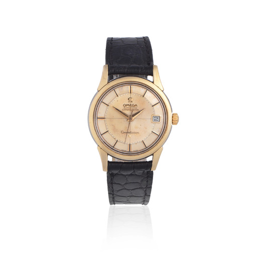Omega. A gold plated and stainless steel automatic calendar wristwatch with pie-pan dial