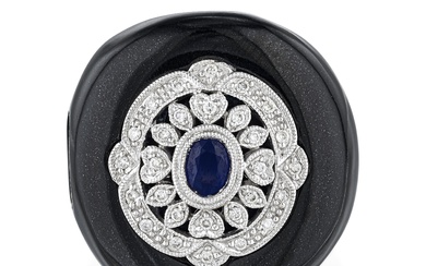 Onyx, Sapphire and Diamond Ring