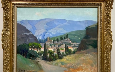 Original French Impressionist Signed Oil Provencal Valley Old Town Gilt Frame 1950's