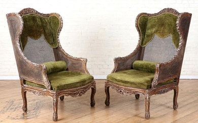 PAIR FRENCH CARVED GILT WINGED BERGERE CHAIRS