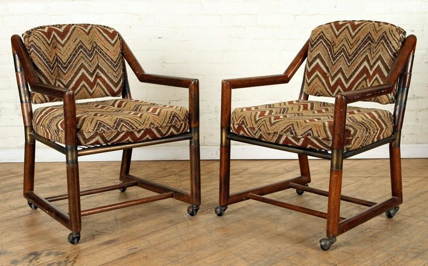 PAIR MID CENTURY MODERN FRUITWOOD OPEN ARM CHAIRS