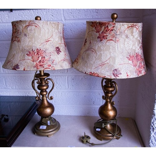 PAIR OF BRONZED TABLE LAMPS + SHADES + PAIR OF PRINTS