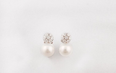 PAIR OF CULTURED PEARL, DIAMOND AND GOLD EARRINGS