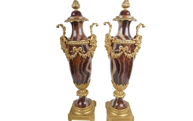PAIR OF FRENCH BRONZE-MOUNTED ONYX URN-FORM GARNITURES