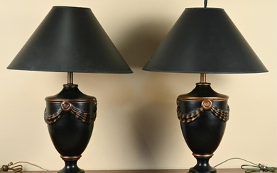 PAIR OF GILT CERAMIC URN-FORM TABLE LAMPS
