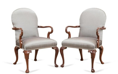 PAIR QUEEN ANNE STYLE MAHOGANY ARMCHAIRS