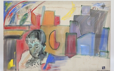 PASSANITI Francesco (né en 1952) Jeune garçon songeur Huile sur toile Non signée (traces d'humidité)...