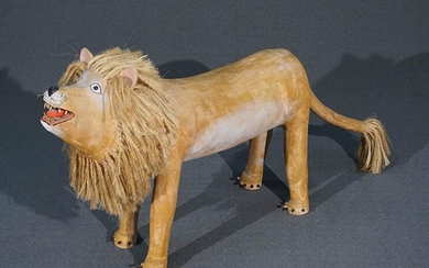 Painted Ceramic and Raffia Sculpture of a Lion