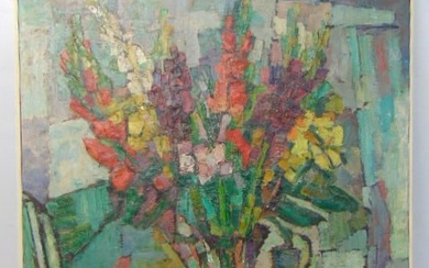 Painting, floral still-life, signed Warding (?) oil on canvas, 36" by 32", see images for signature