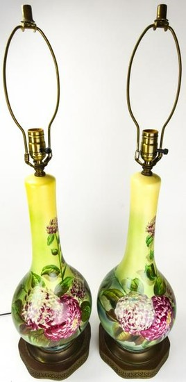 Pair Antique Hand Painted Converted Oil Lamps