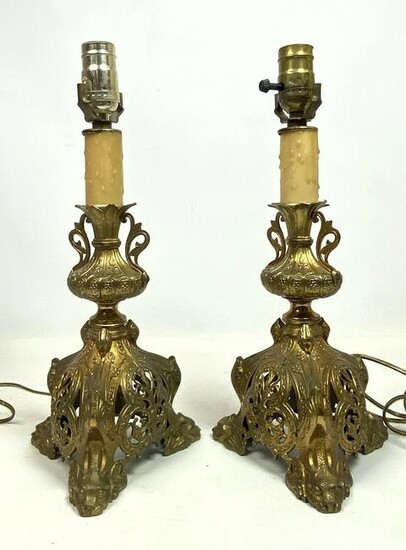 Pair Brass Candle Lamps. Fancy design.