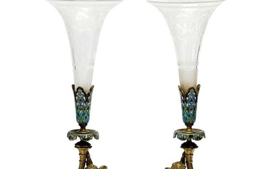 Pair French Champleve Enamel Bronze Putti Engraved Glass Trumpet Form Vases