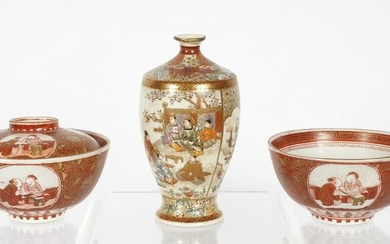 Pair Japanese Kutani Bowls and Imperial Satsuma Vase