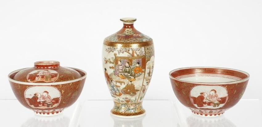 Pair Japanese Kutani Bowls and Imperial Satsuma Vase