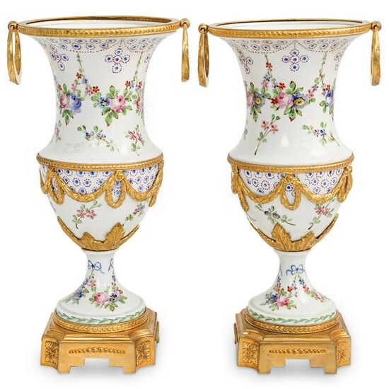 Pair Of Meissen Gilt Bronze & Porcelain Urns