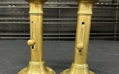 Pair circa 1830 French brass push up chamber sticks, from local estate, nice condition, measures