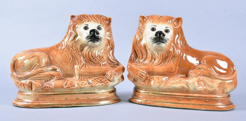 Pair of 19th Century Staffordshire Lions