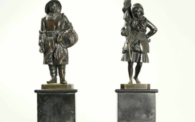 Pair of 19th century bronze and dark brown patina figure statues on marble base, signed
