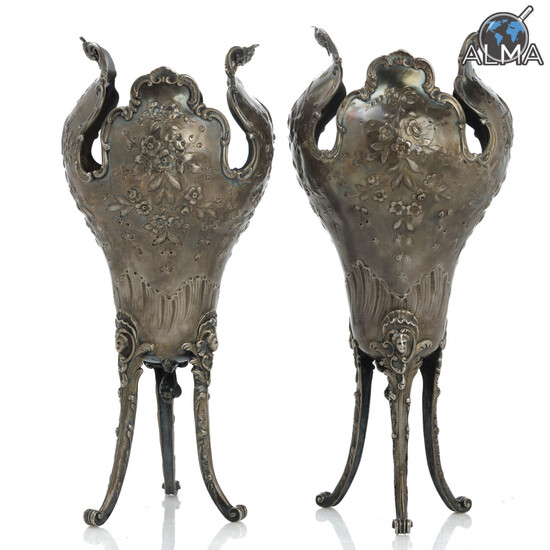 Pair of Antique German Silver 3 Leg Vases 19th c