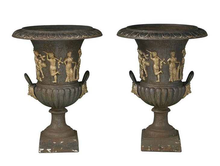 Pair of Cast Iron Campana-Form Garden Urns