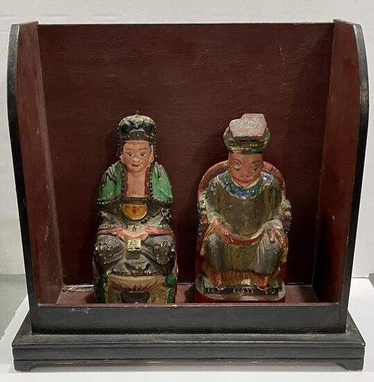 Pair of Chinese Carved Wood and Hand Painted Emperor