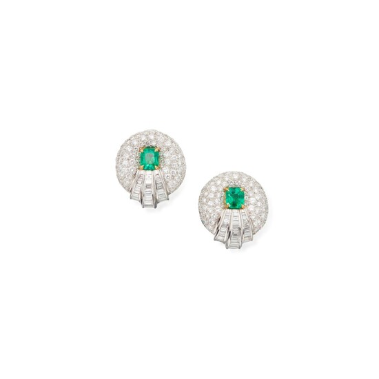 Pair of Diamond and Emerald Earclips
