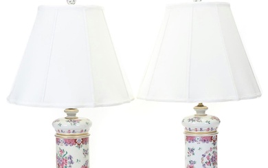 Pair of Floral Porcelain Table Lamps, Mid to Late 20th Century