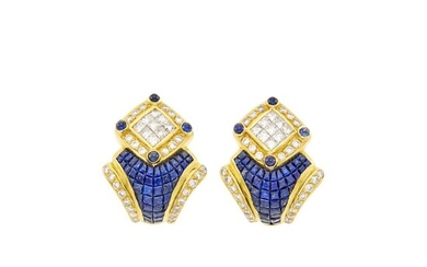 Pair of Gold, Invisibly-Set Sapphire and Diamond Earclips