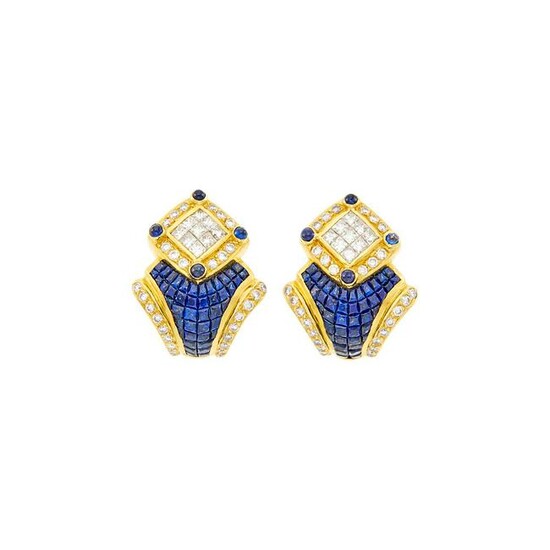 Pair of Gold, Invisibly-Set Sapphire and Diamond