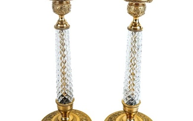 Pair of Gold Wash & Cut Crystal Candlesticks