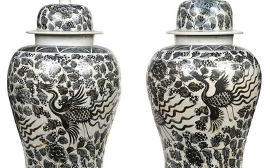 Pair of Large Chinese Blue and White Temple Jars