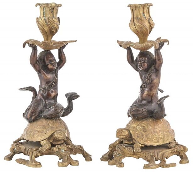 Pair of Louis XV Style Gilt and Patinated Bronze Figural Candlesticks